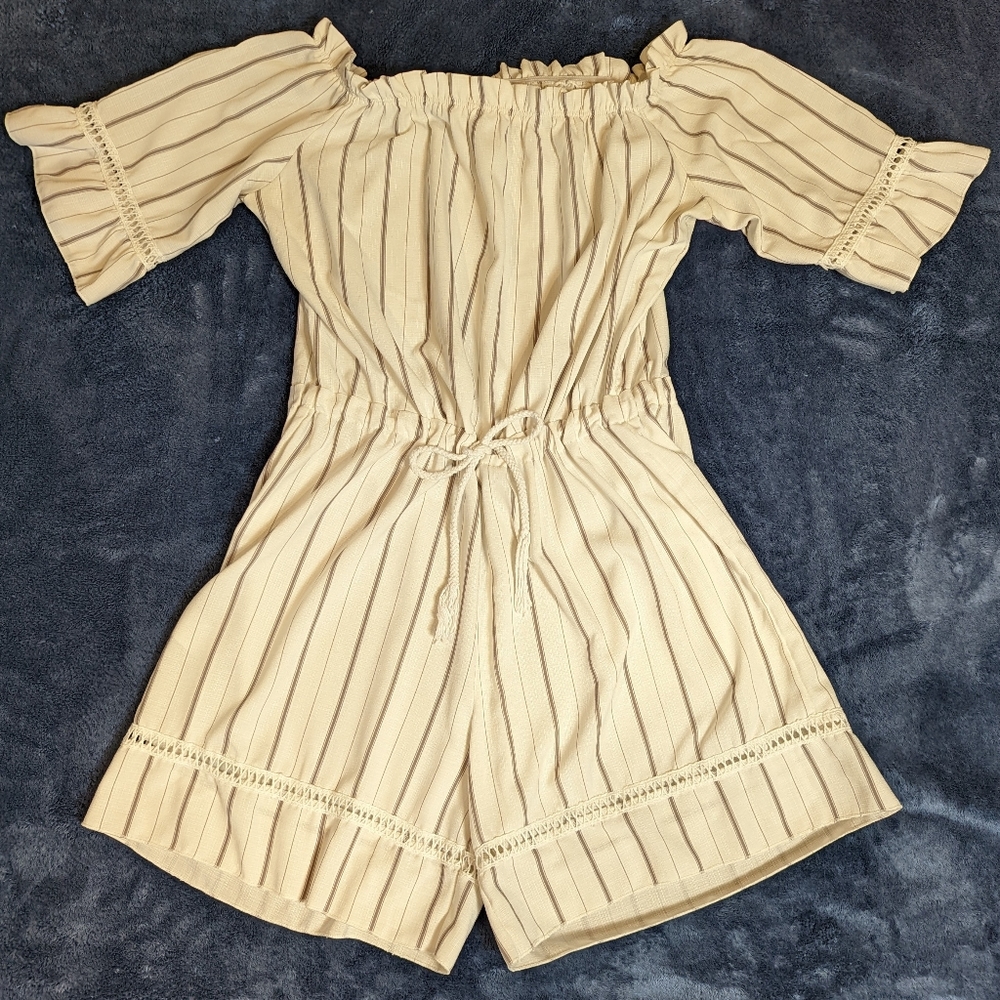 Relipop Romper, Off Shoulder, White With Vertical Stripes, Size XL